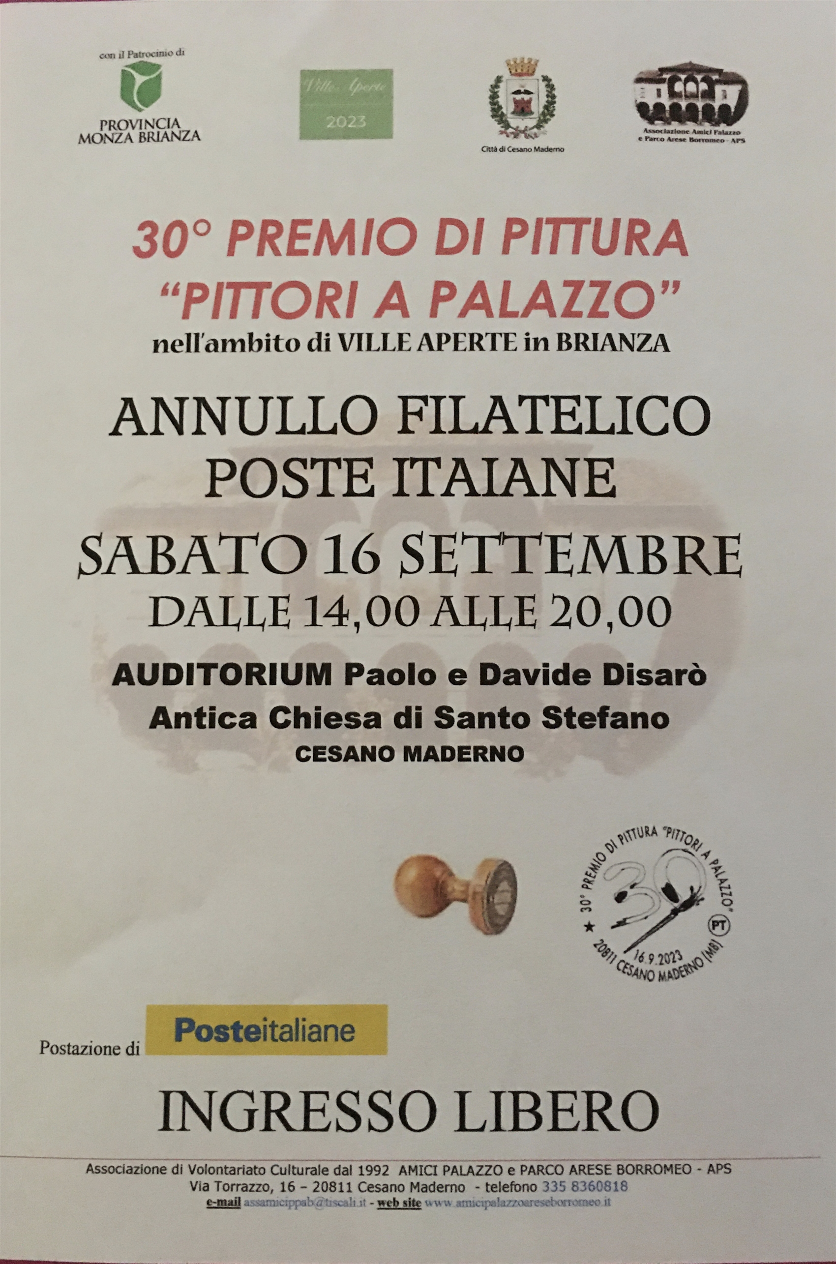 sabato 16 settembre 2023 - 30° MOSTRA PREMIO PITTURA - evento ANNULLO FILATELICO con Poste Italiane